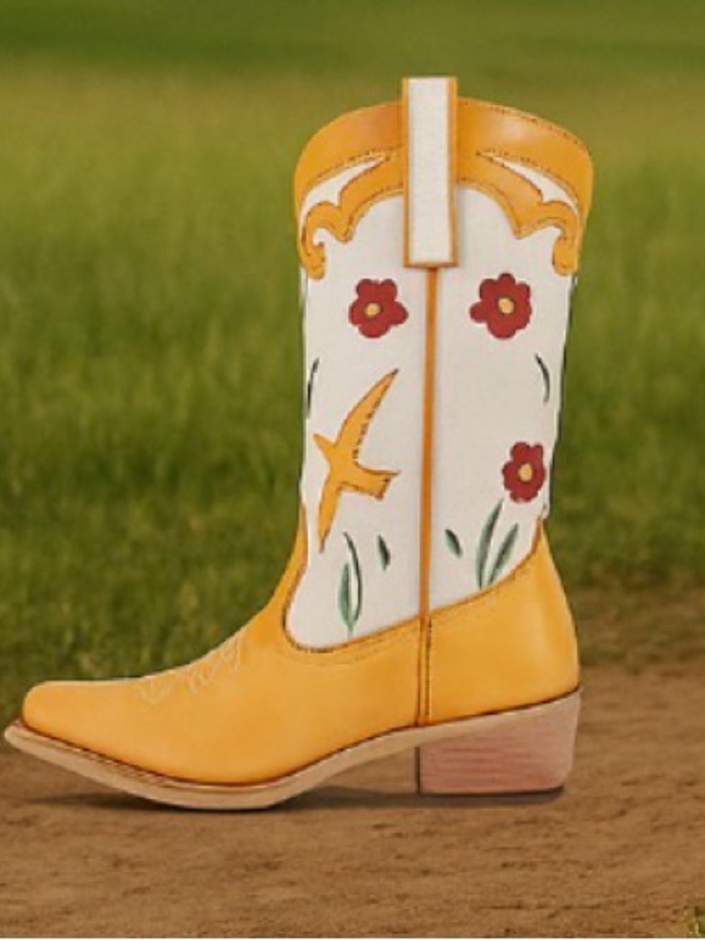Two-Tone Floral Western Cowboy Boots - Tan & Cream with Red Flower